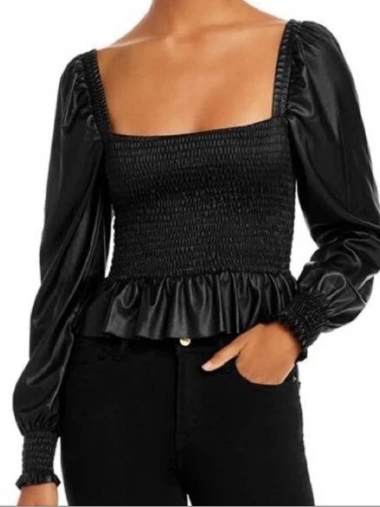 7 For All Mankind Tops - 7 FOR ALL MANKIND Faux Leather Smocked Peplum Top • Size M • Black